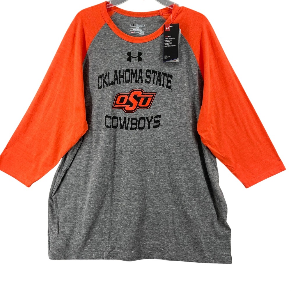 NWT Under Armour Men 3XL Oklahoma State Cowboys Raglan Heatgear T Shirt Orange